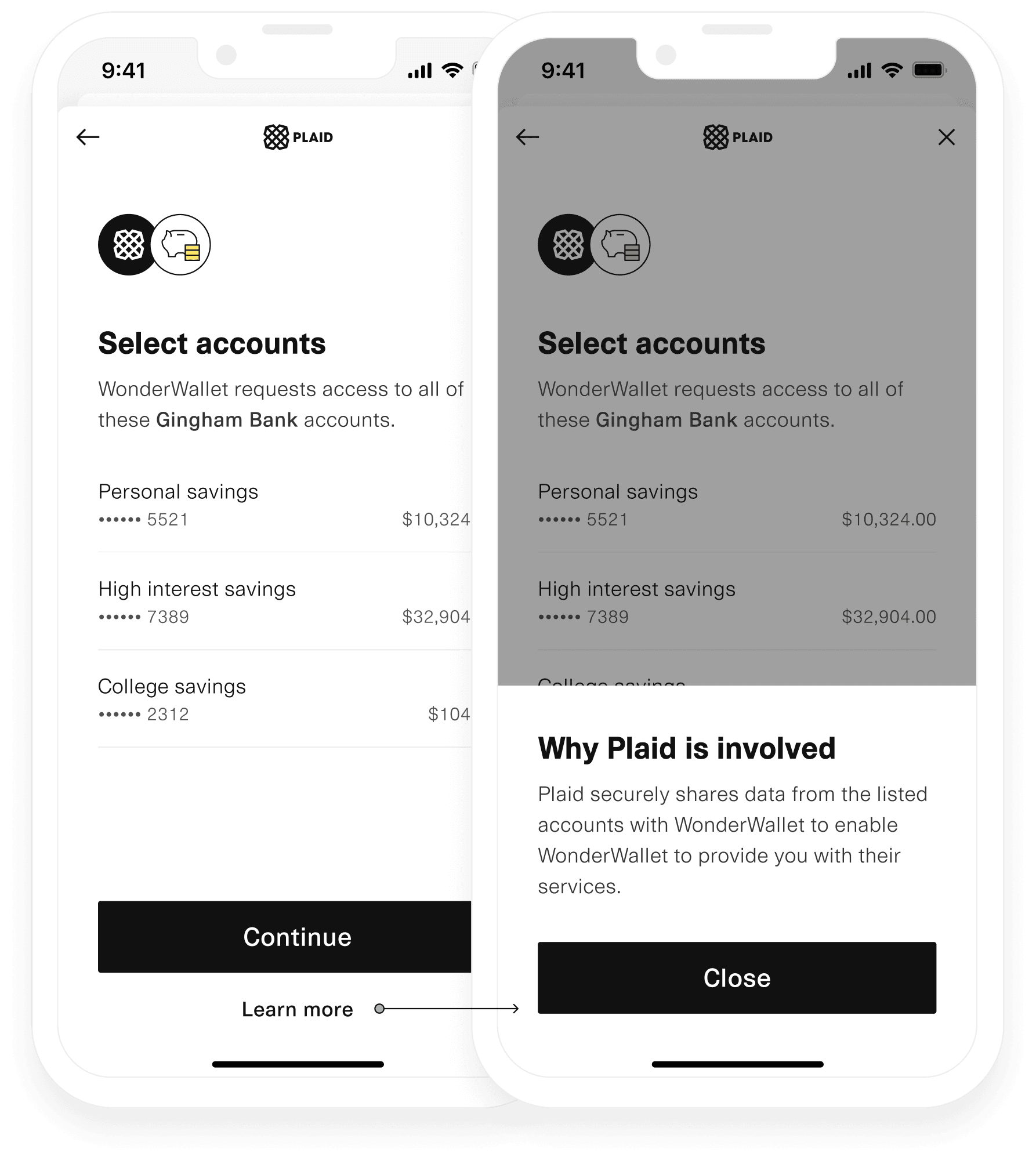 Plaid Link UI showing account selection for Gingham Bank in update mode; includes accounts, balances, and 'Learn more' link.