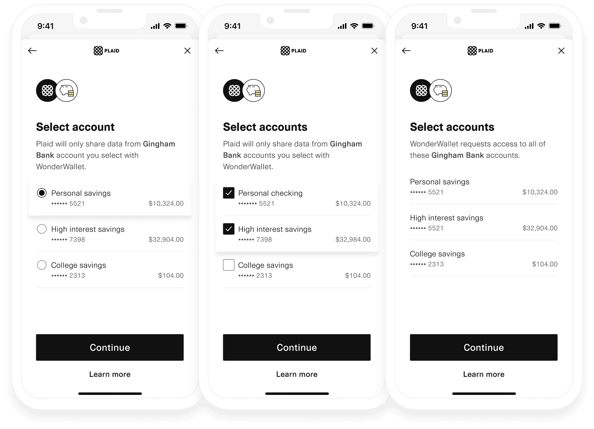 Three Account Select panes in Plaid Link: one account selected, multiple accounts selected, and all accounts selected.