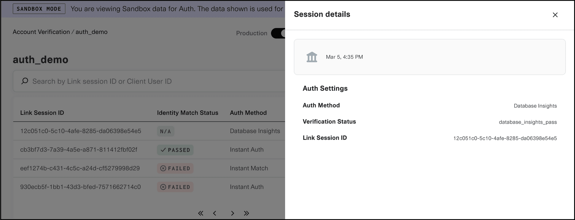 Session status showing Link Session ID with identity match status and auth method in Account Verification Dashboard.