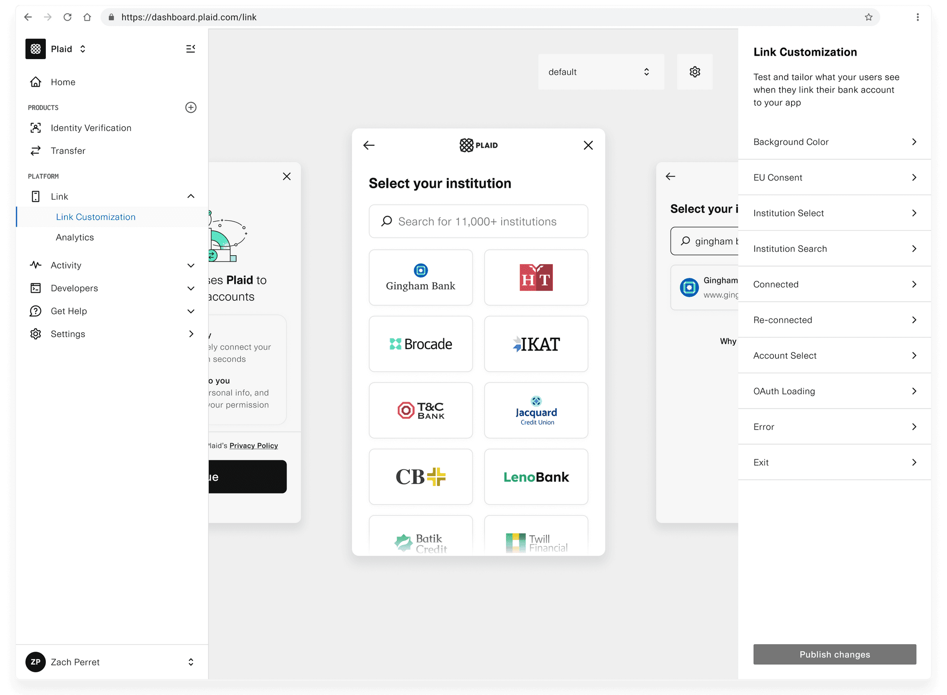 Plaid dashboard showing Link customization options with institution selection, search bar, and list of bank logos.