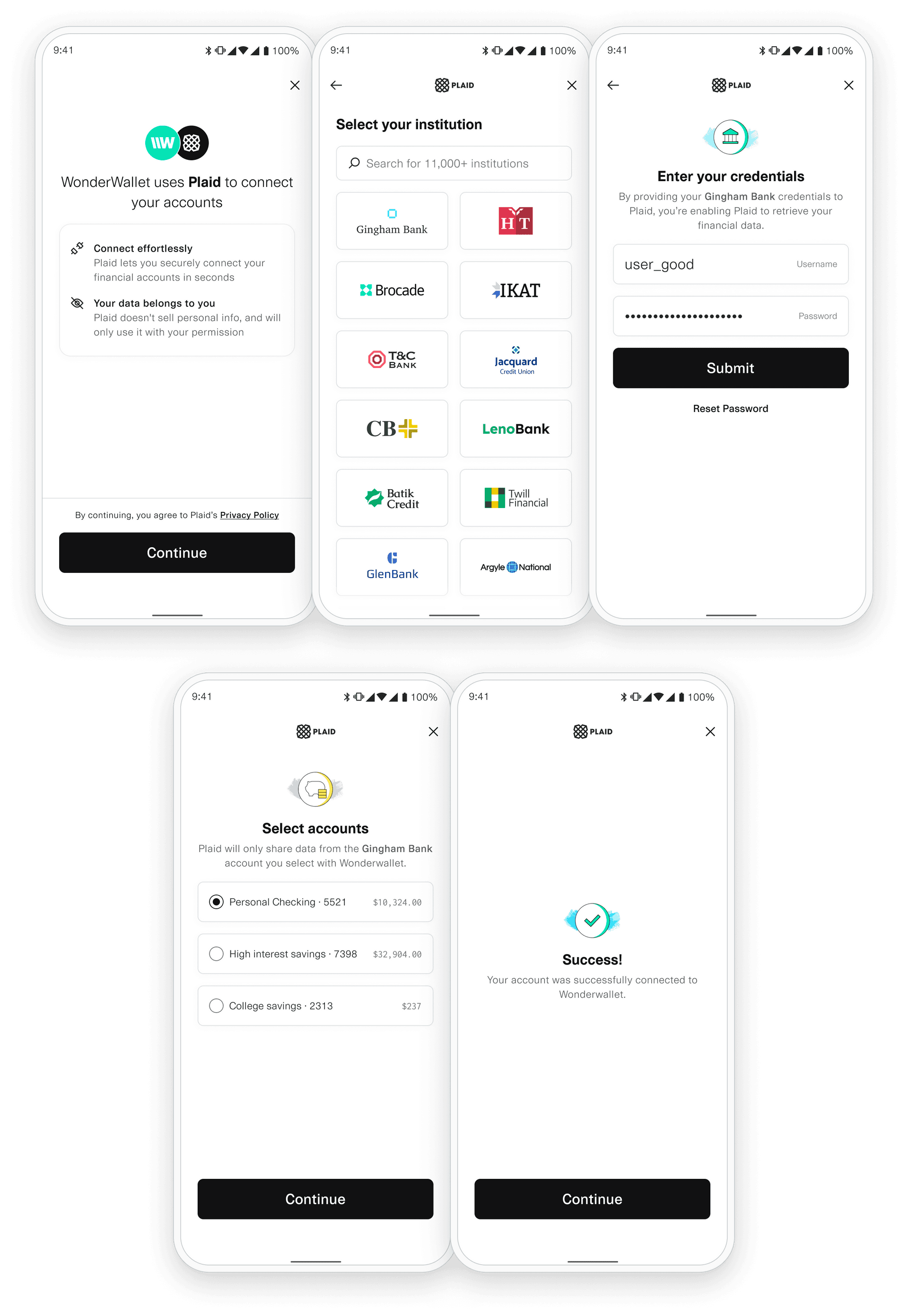 Five screenshots of Plaid Link for Android: connect service, select institution, enter credentials, select accounts, and success confirmation.