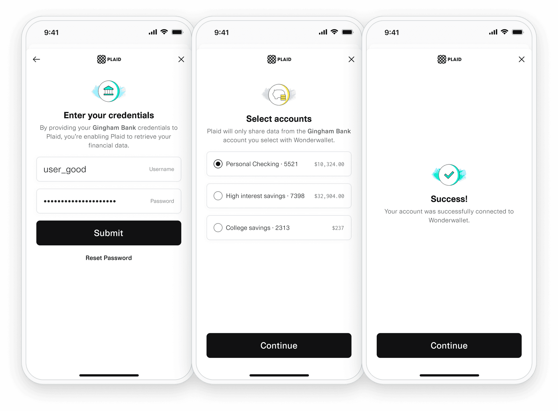 Plaid Link iOS example: Credentials entry, account selection, and successful connection confirmation screens.