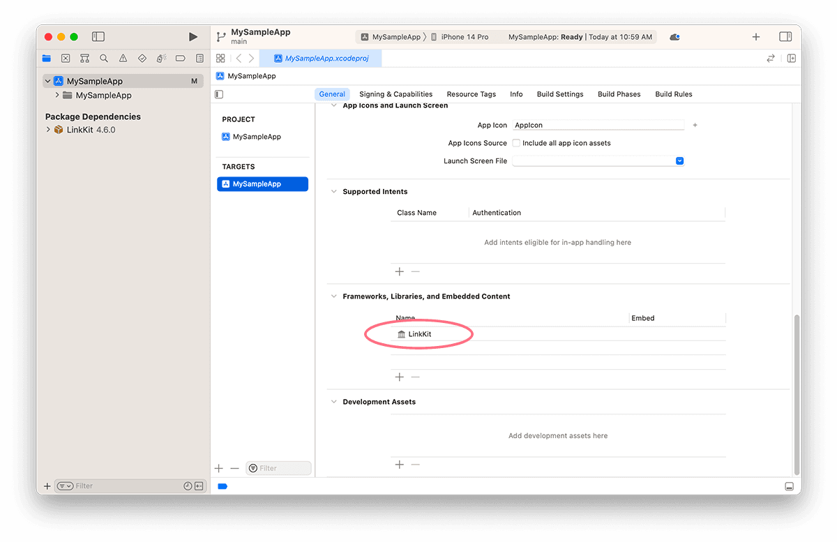 Xcode screenshot showing the Frameworks section with LinkKit listed under Package Dependencies for MySampleApp.