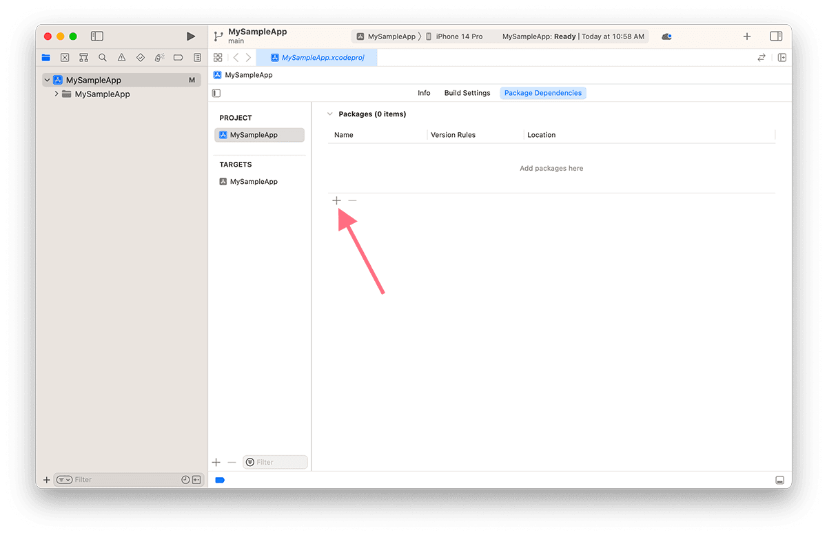 Xcode interface showing how to add a Swift package dependency; plus button highlighted.