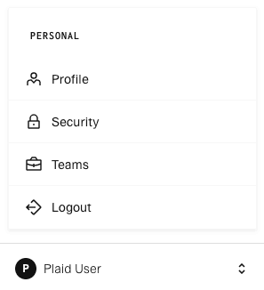 Personal menu with options: Profile, Security, Teams, Logout for Plaid User; dropdown indicator present.