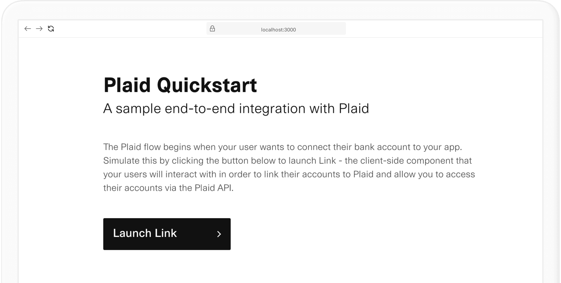 Plaid Quickstart guide with 'Launch Link' button to simulate user bank account integration.