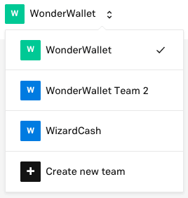 Dropdown displaying team options: WonderWallet, WonderWallet Team 2, WizardCash, and option to create a new team.