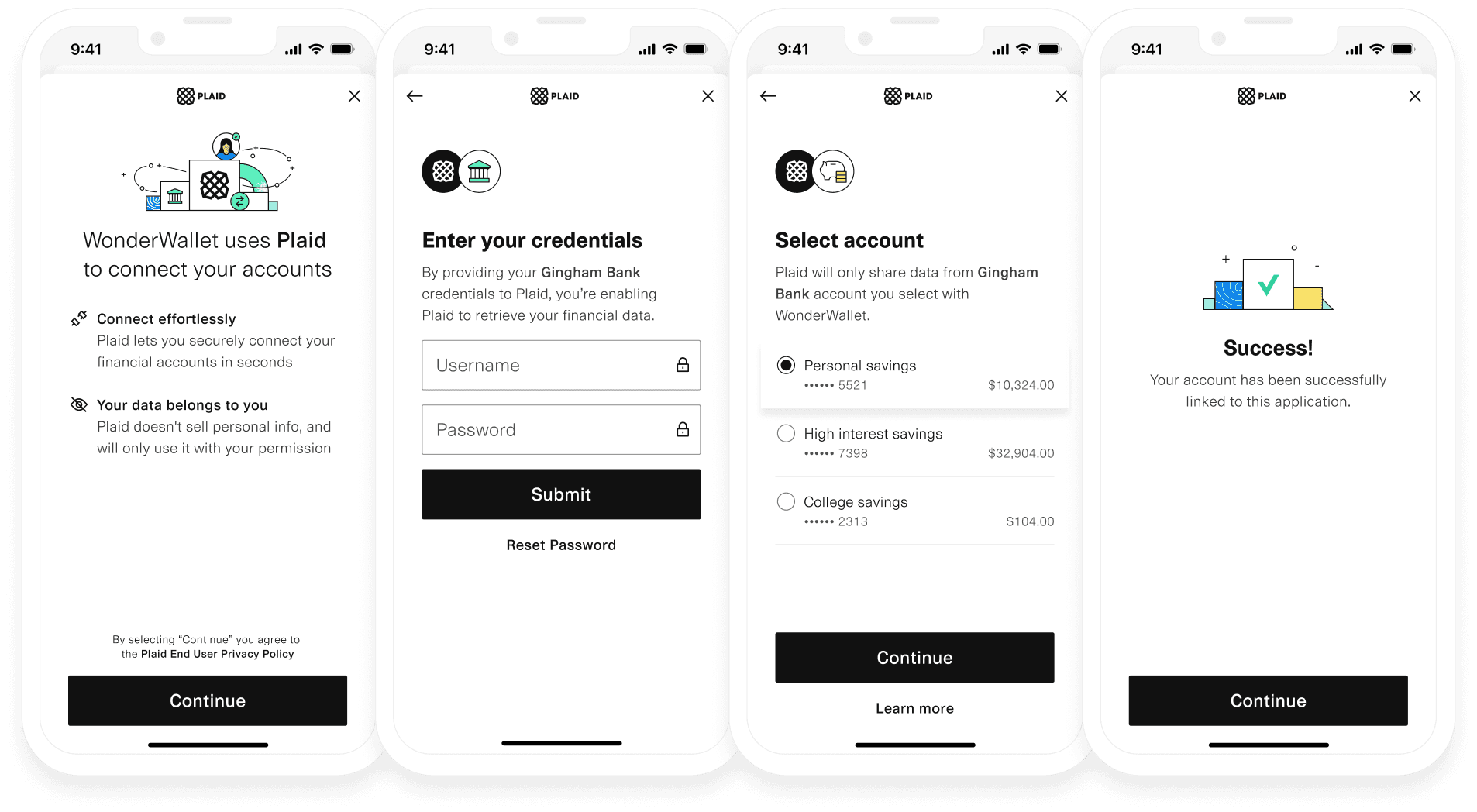 Plaid Link update mode: Connect account, enter credentials, select account, and see success confirmation screen.