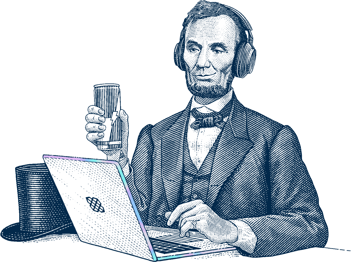 Decorative image of a Abe Lincoln enjoying an energy drink